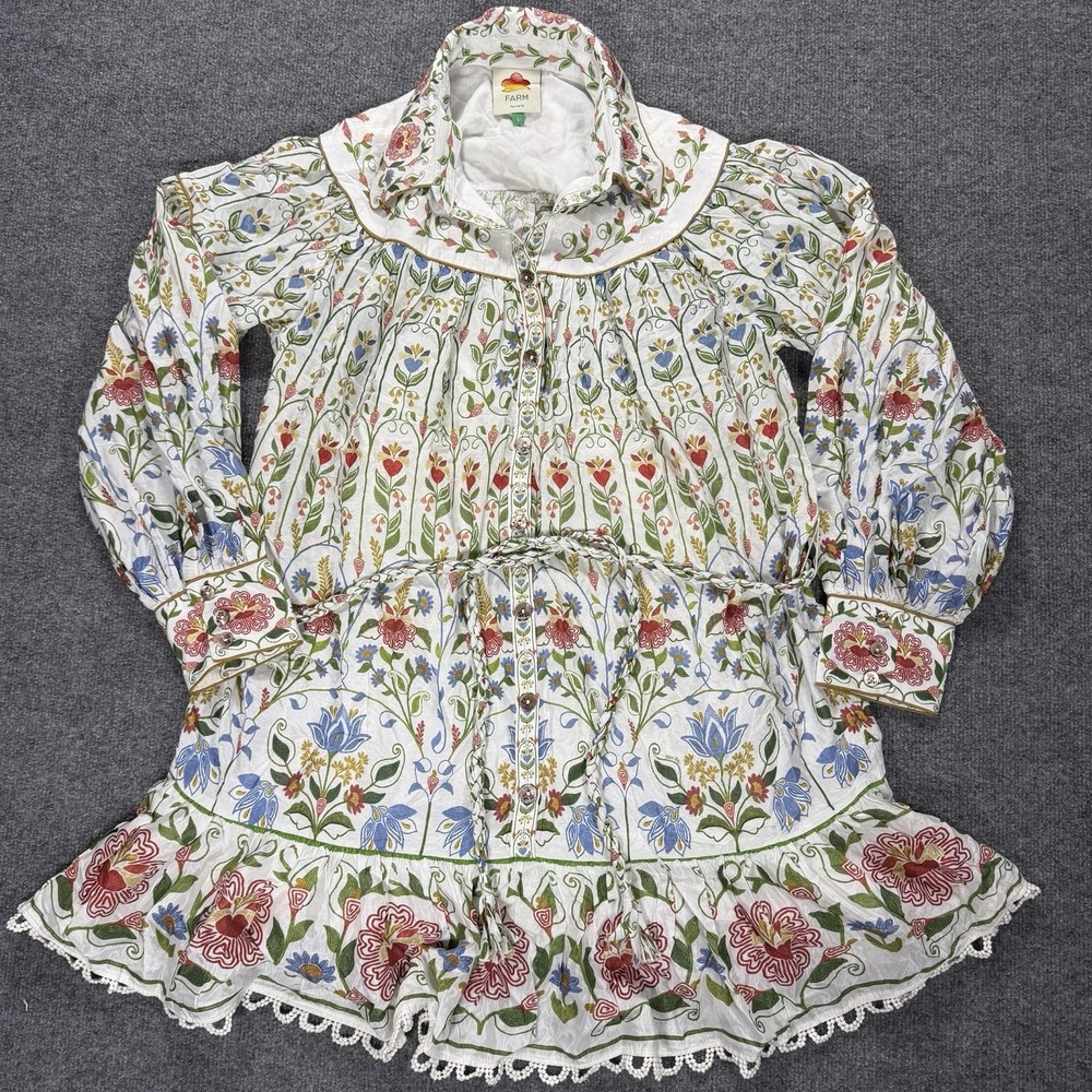 Farm Rio Floral Mini Dress Womens Large Bohemian Viscose Blend Garden Lace Hem